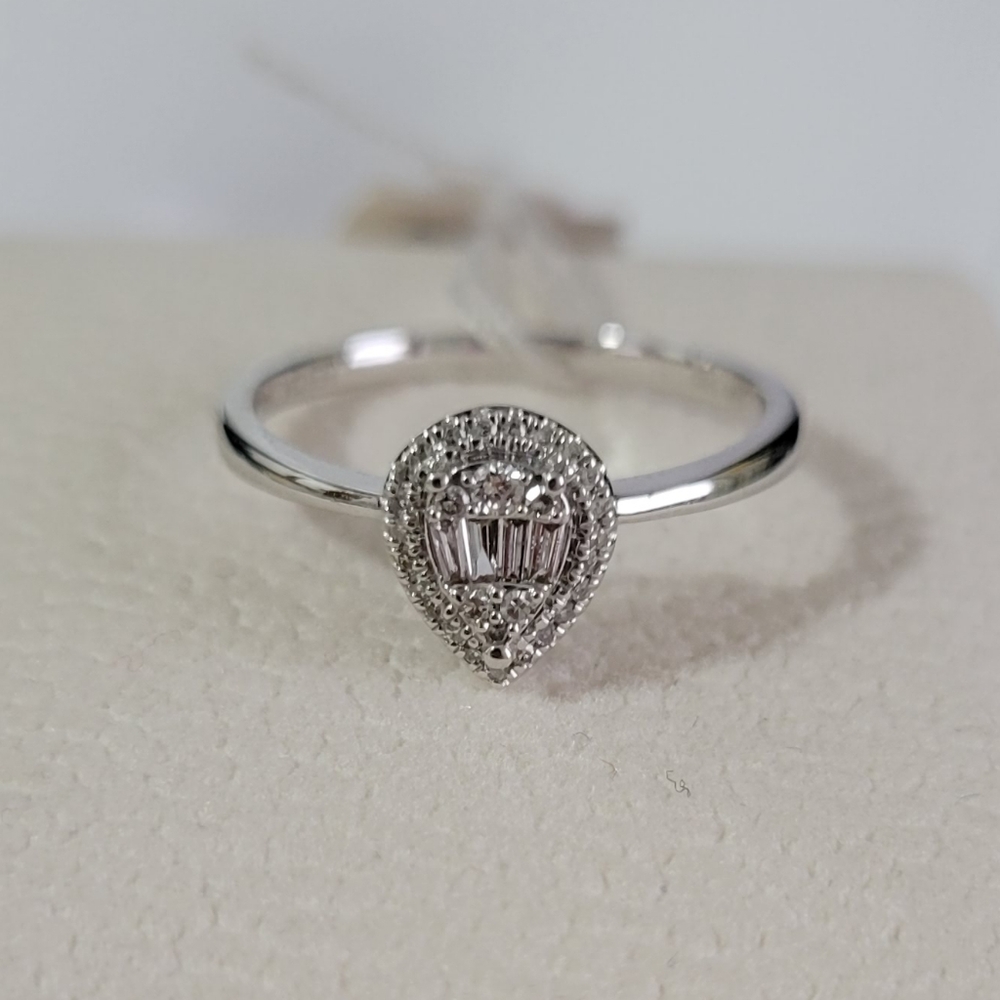 14K Solid WHITE GOLD Teardrop Ring With Natural Diamonds
